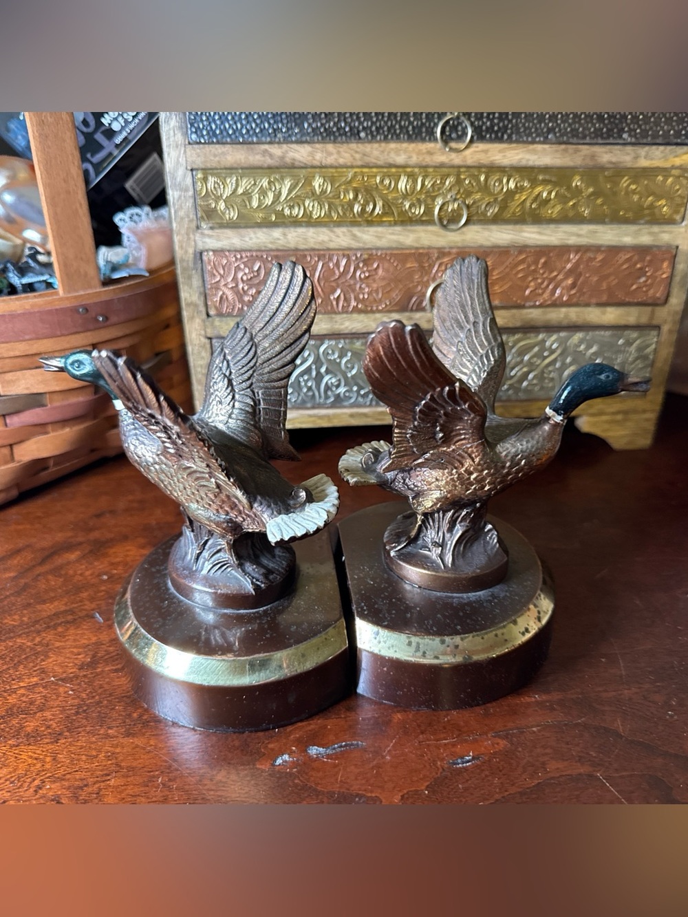 Pair of Flying Mallard Duck Bookends - Brown & Green
